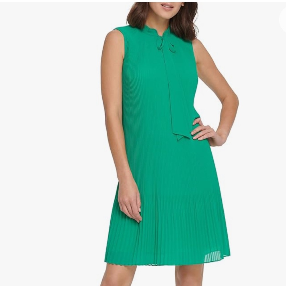 DKNY Neck Tie Dress Pleated Sz 2 Teal